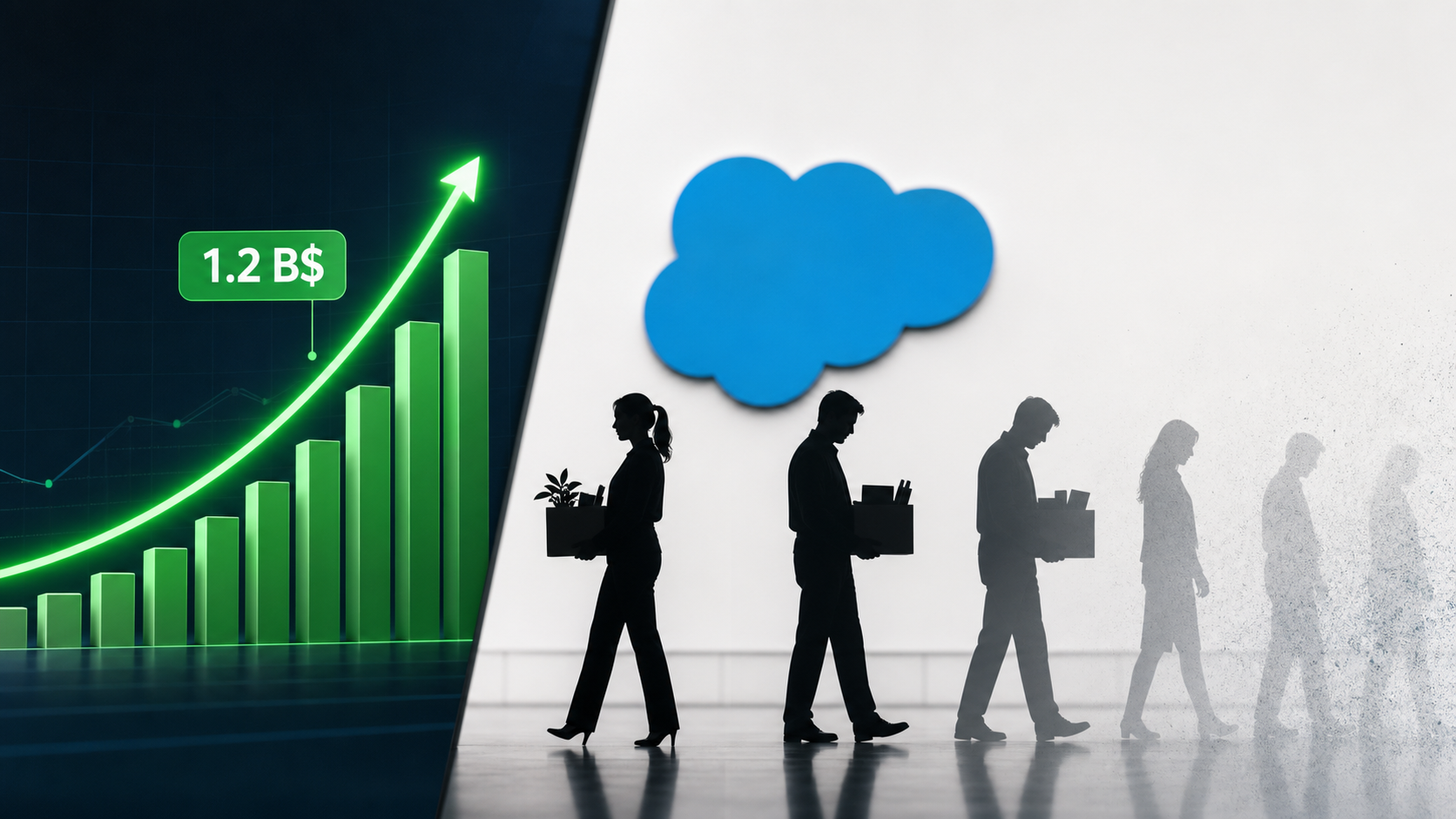 Illustration : Salesforce annonce 1,2 milliard de dollars de revenus IA puis licencie les équipes liées au produit
