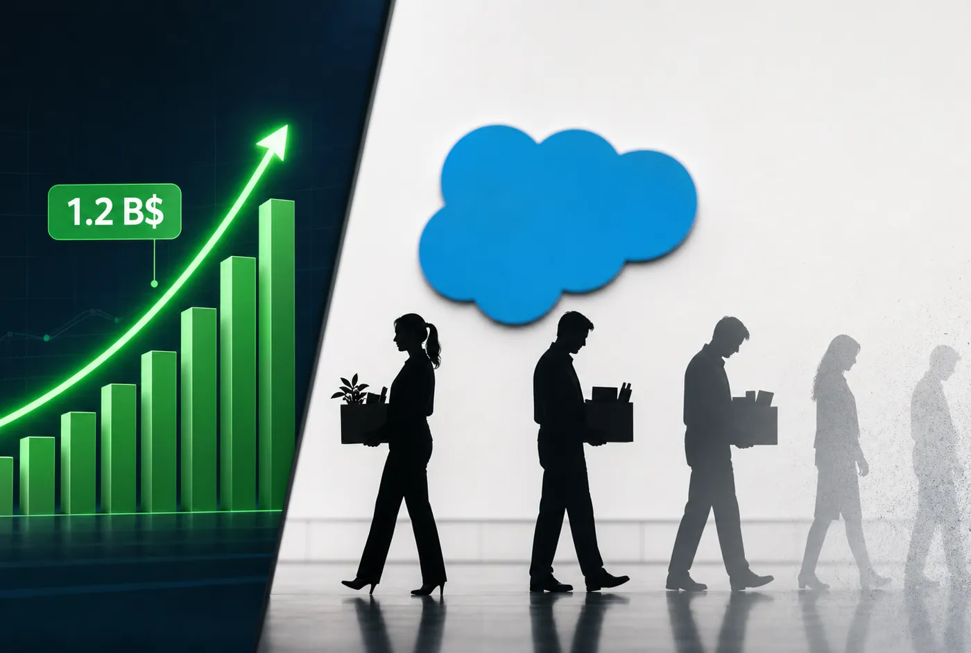 Illustration : Salesforce annonce 1,2 milliard de dollars de revenus IA puis licencie les équipes liées au produit
